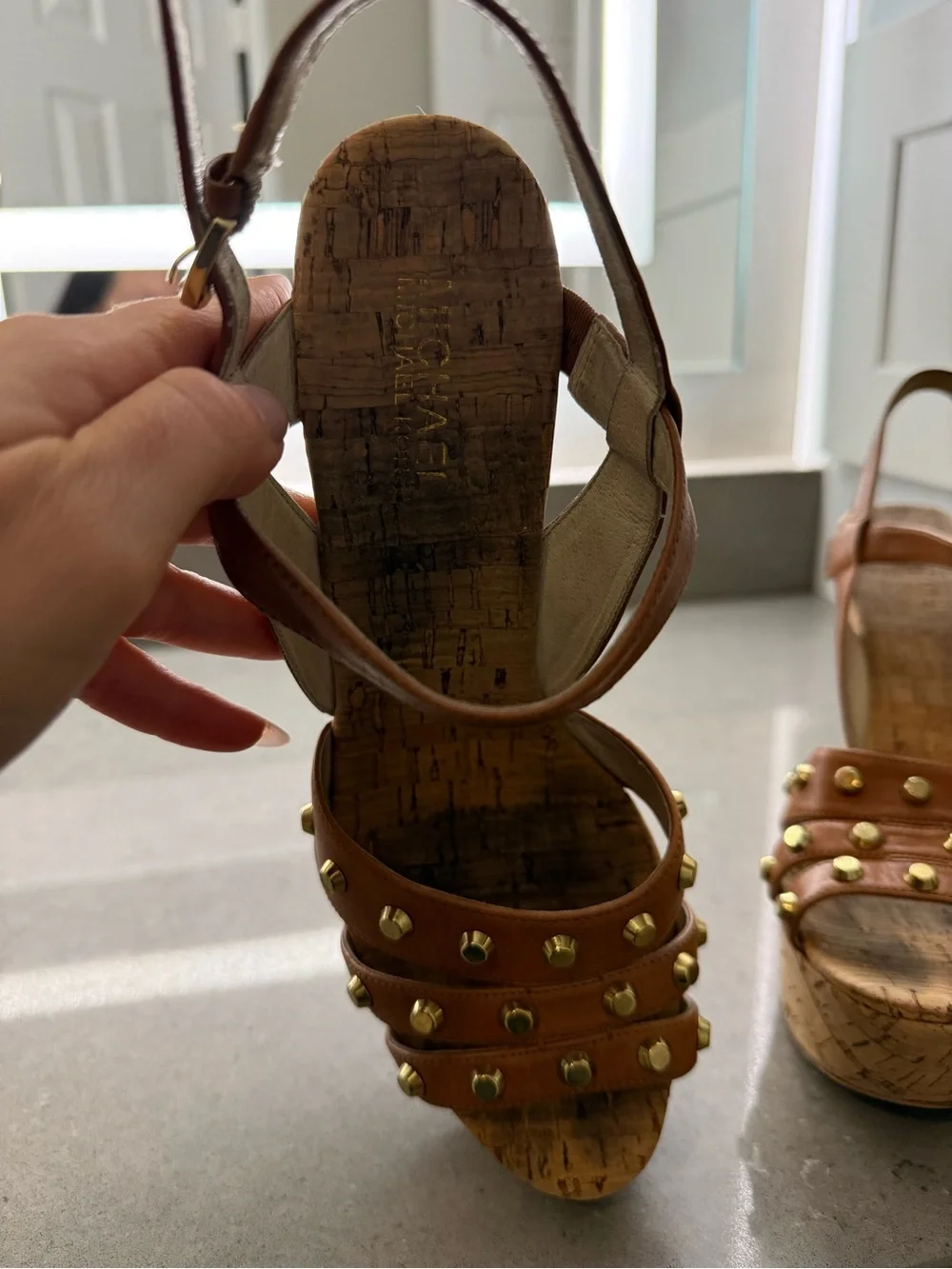 Michael Kors Brown Leather Cork Wedge Sandals with Gold Studs